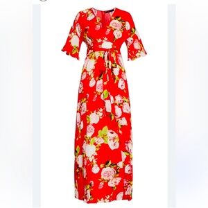 NWTA BCBG Red Floral Short Sleeve Flutter Sleeve Wrap Maxi Dress - Size XXS